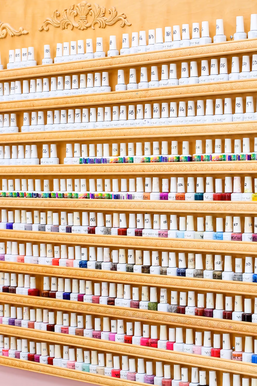 Wall of more than 500 polish colors at Crystal Nails Norfolk