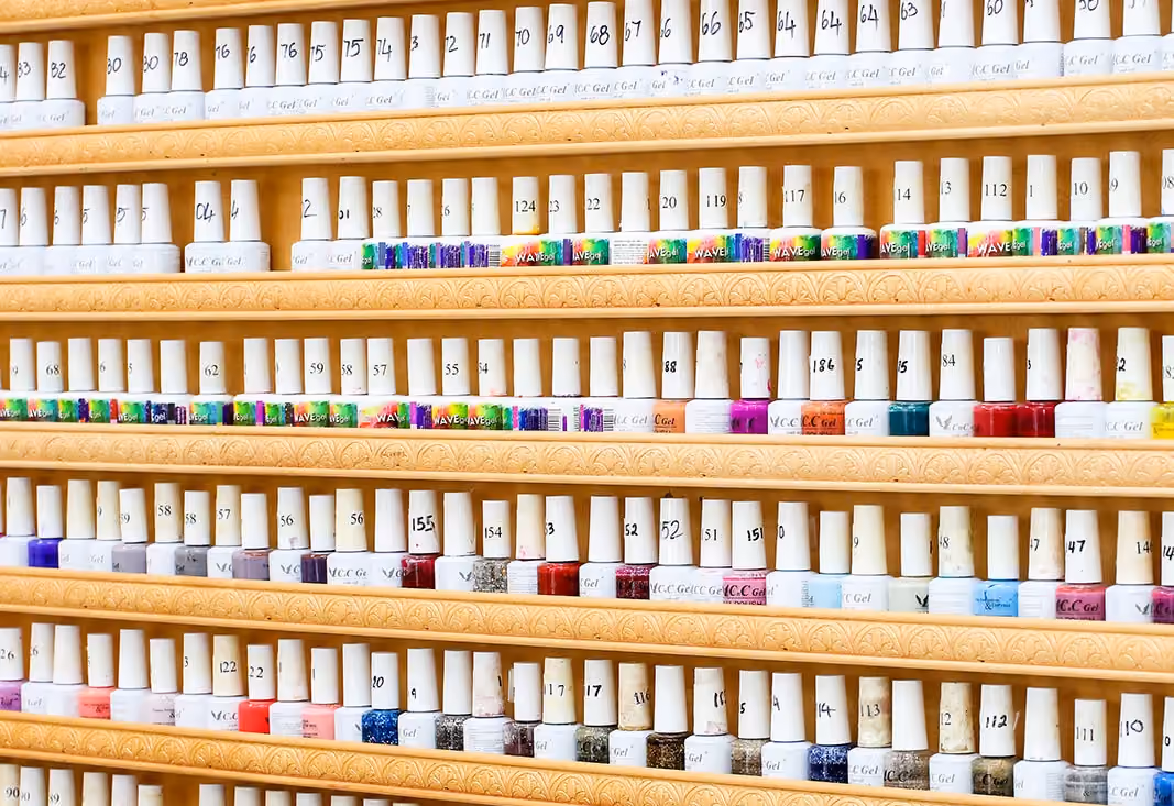 Wall of more than 500 polish colors at Crystal Nails Norfolk